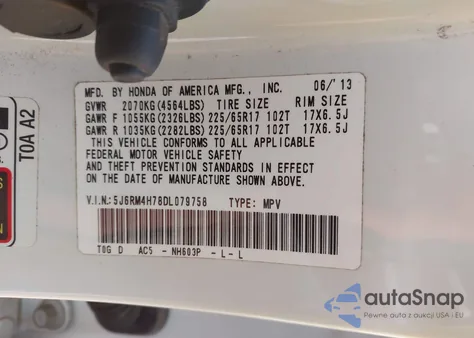 2013 Honda Cr-V Ex-L z USA, uszkodzony, nr VIN 5J6RM4H78DL079758